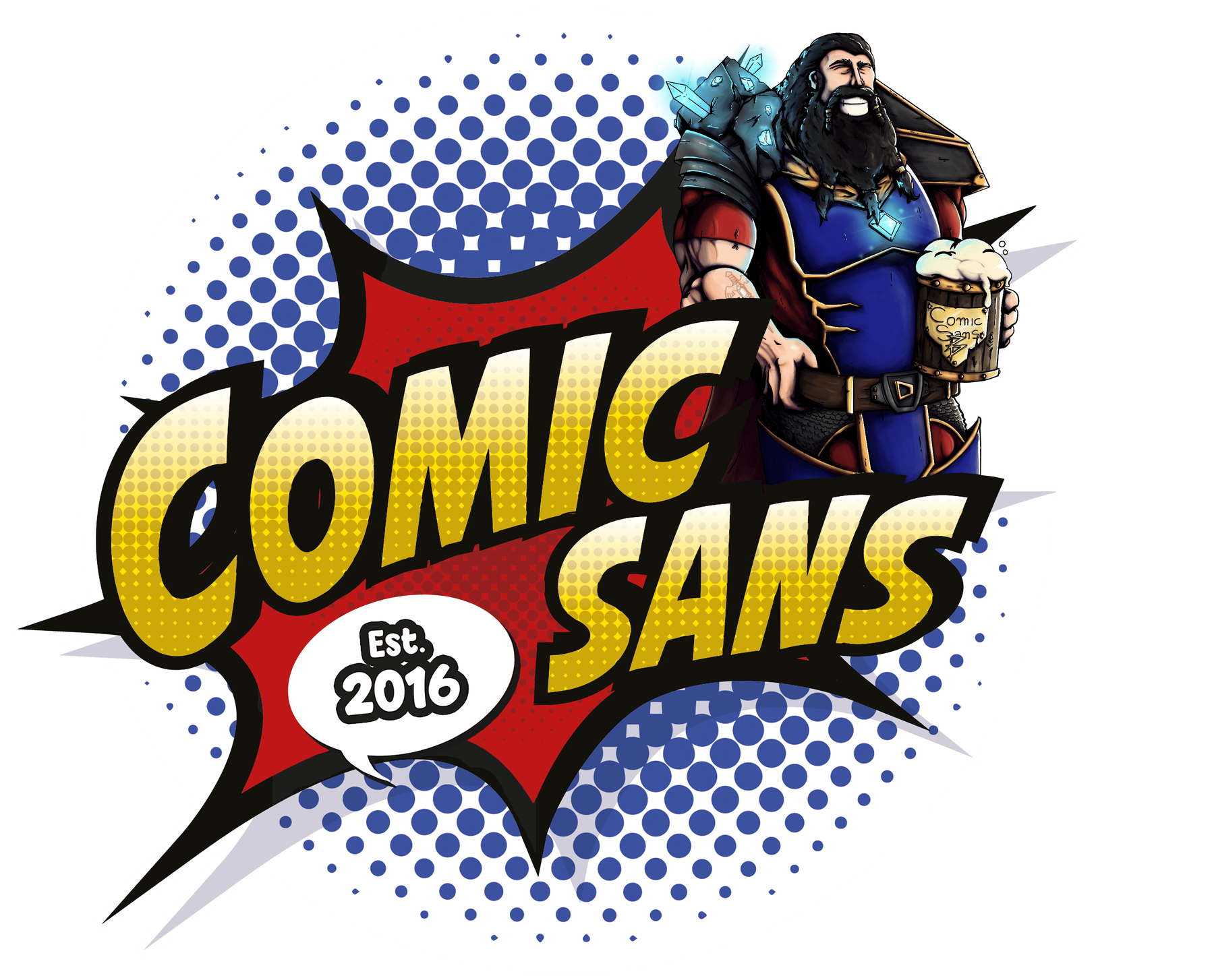 Logo van Comic Sans Brussel met bebaarde superheld