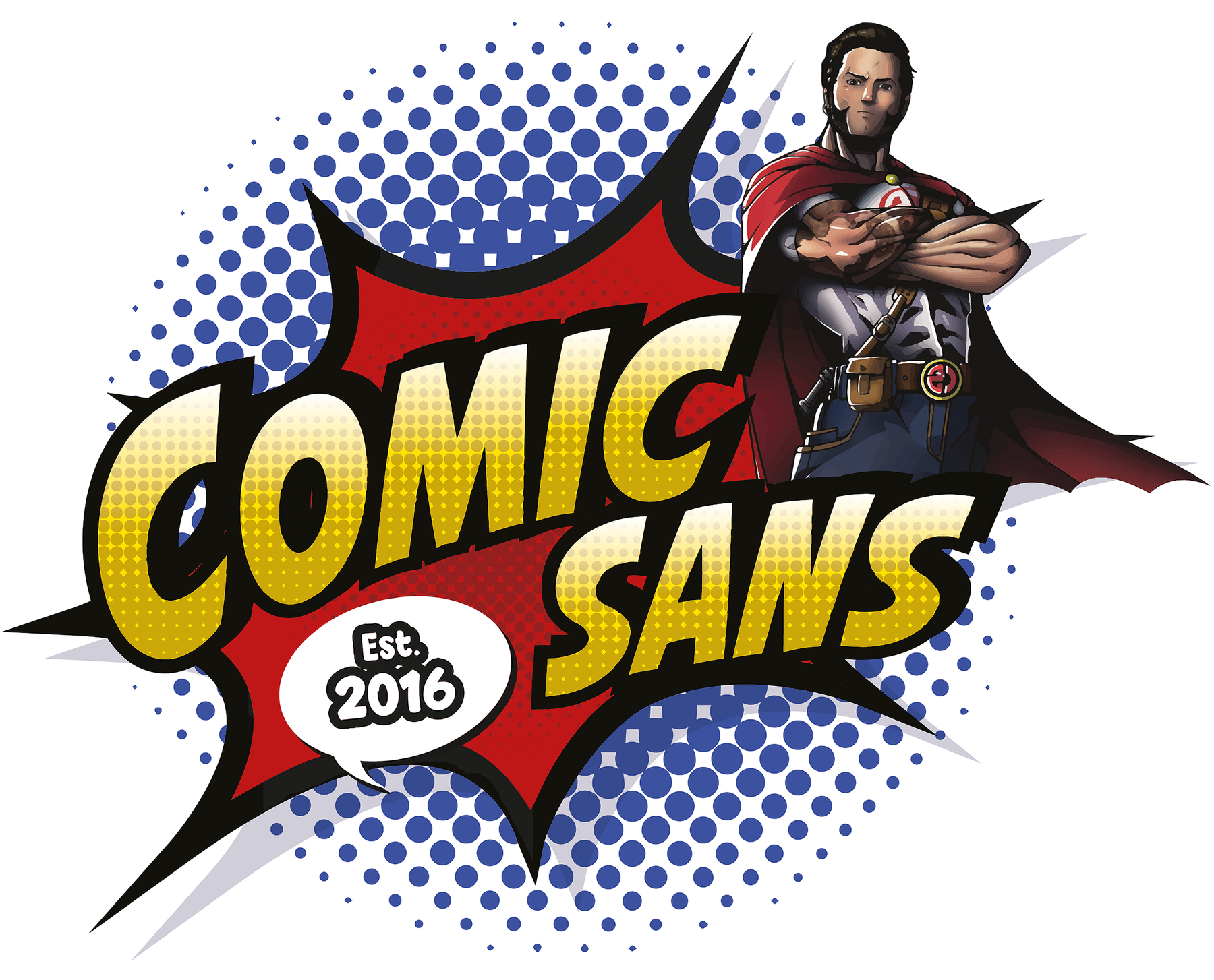 Logo van Comic Sans Gent met gekapte superheld